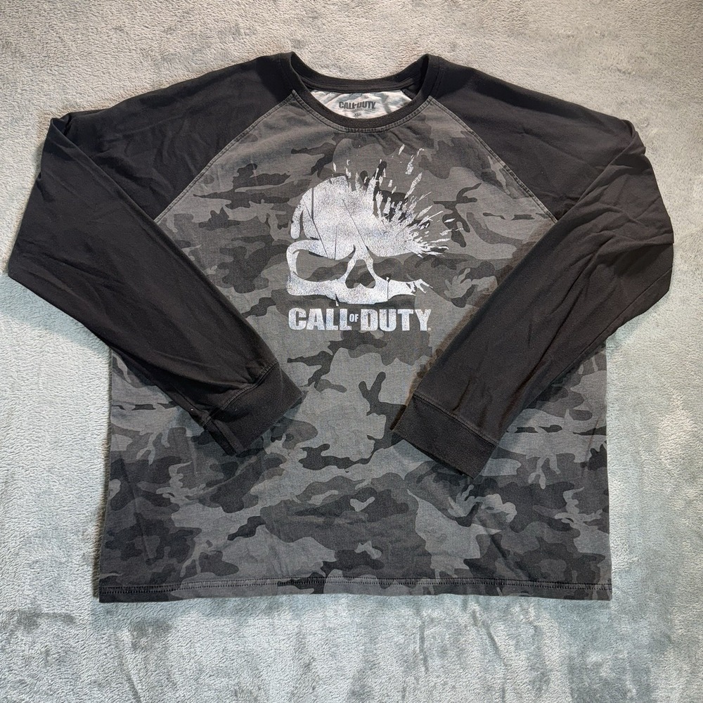 Call of Duty Skull Camo Long Sleeve Graphic T-Shirt Black Gray XL Gamer